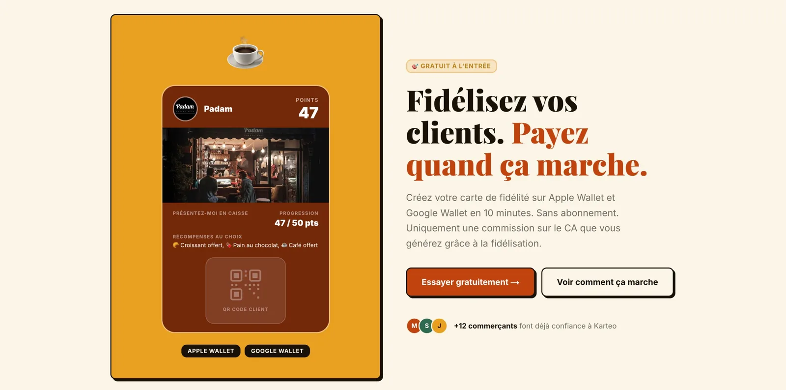 Aperçu de Karteo — plateforme SaaS de fidélité digitale Nao Agency : carte de fidélité Apple & Google Wallet, QR code en caisse et SMS automatiques pour commerces de proximité.
